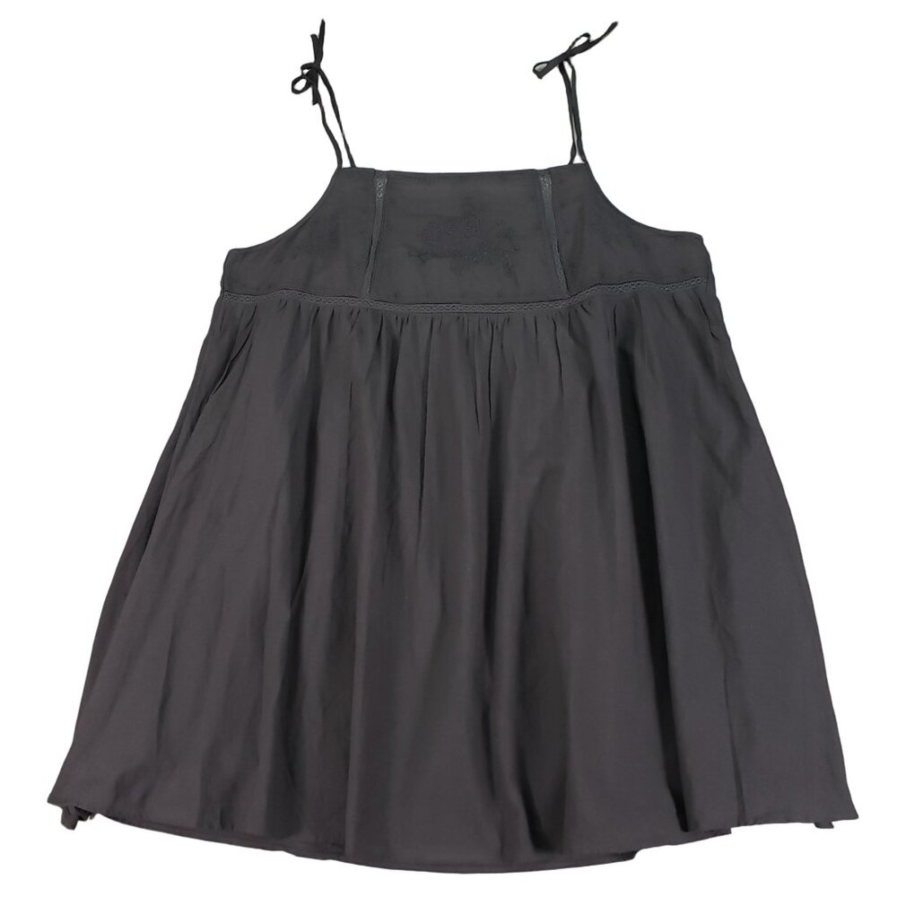 Black Embroidered Tie Strap Babydoll Dress XL Boho - Picture 7 of 11